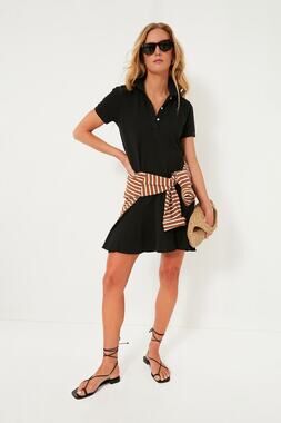 Tuckernuck May Polo Dress Black Pique Ruffle Hem Short Sleeve S